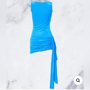 SIZE SMALL OCEAN BLUE VELVET RUCHED HEM SASH MINI DRESS